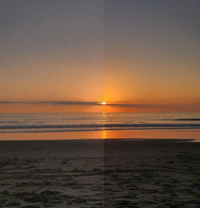 A sunset in Ventura, California. The left side is an example of what someone with Visual Snow Syndrome may see compared to someone with normal vision. 
