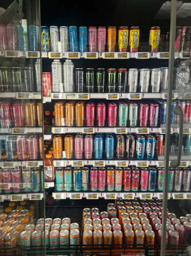Stockpiles of energy drinks displayed in Kroger at Delhi Township.
